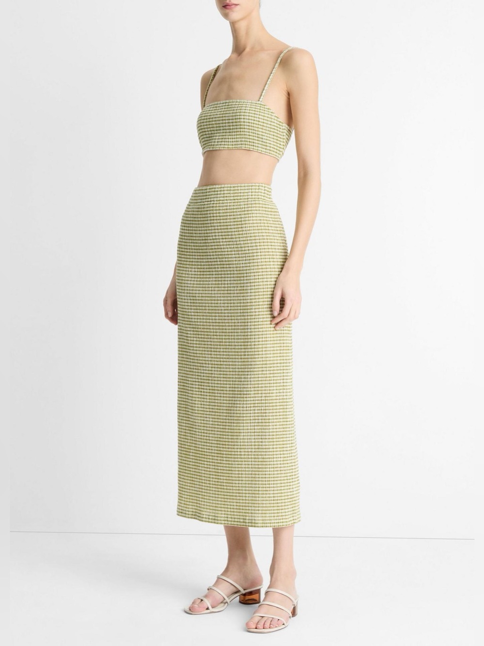 Vince Checked Smocked Midi Skirt Stretch Gingham Green Size XS *202 - Picture 2 of 11